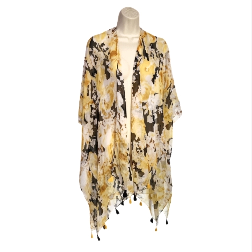 Est. 1946 Floral Semi Sheer Tassled Hem Kimono Style Cover Up Yellow Size OS - Picture 3 of 11